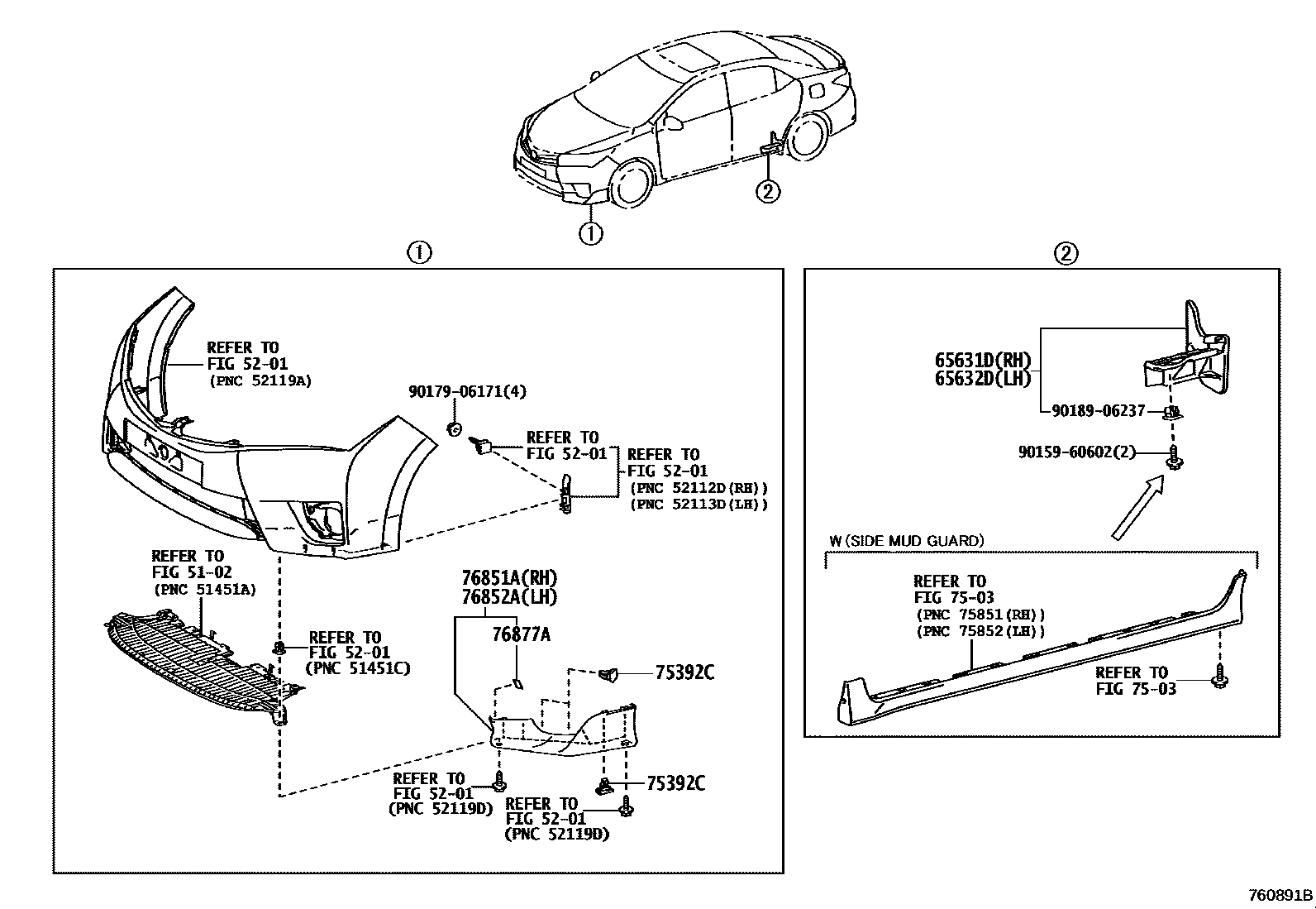 Toyota COROLLA 挡泥板和扰流板 EPC diagram — 760891B
