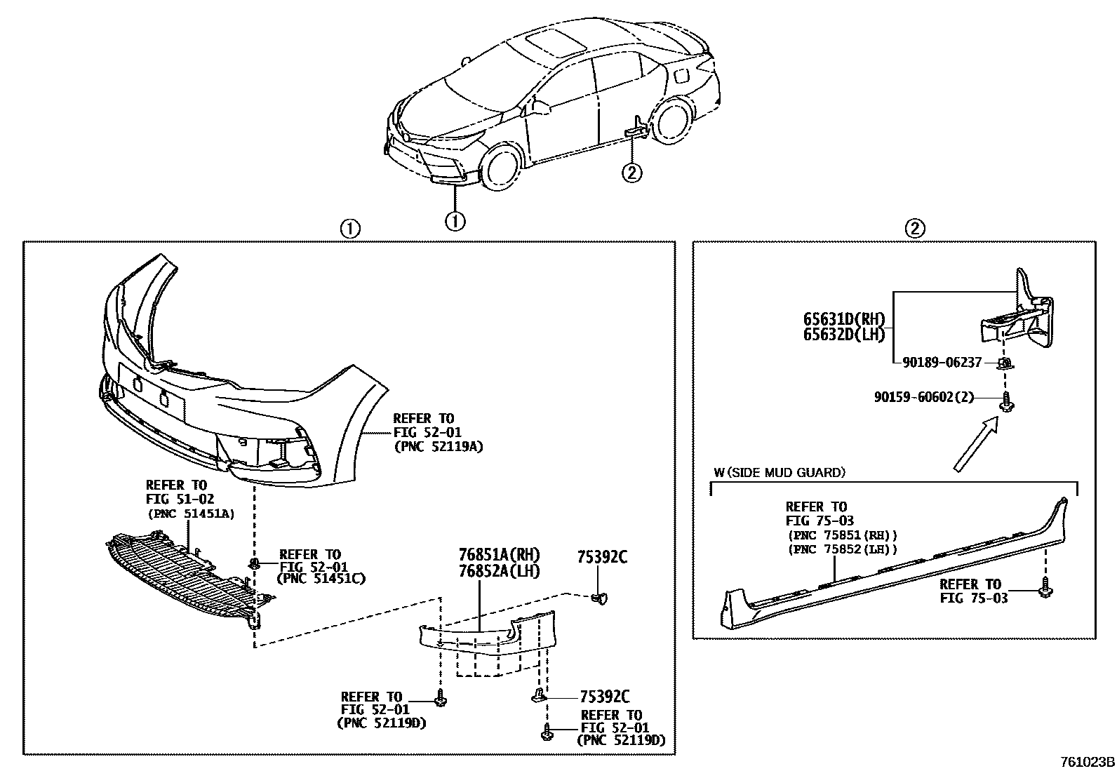Toyota COROLLA 挡泥板和扰流板 EPC diagram — 761023B