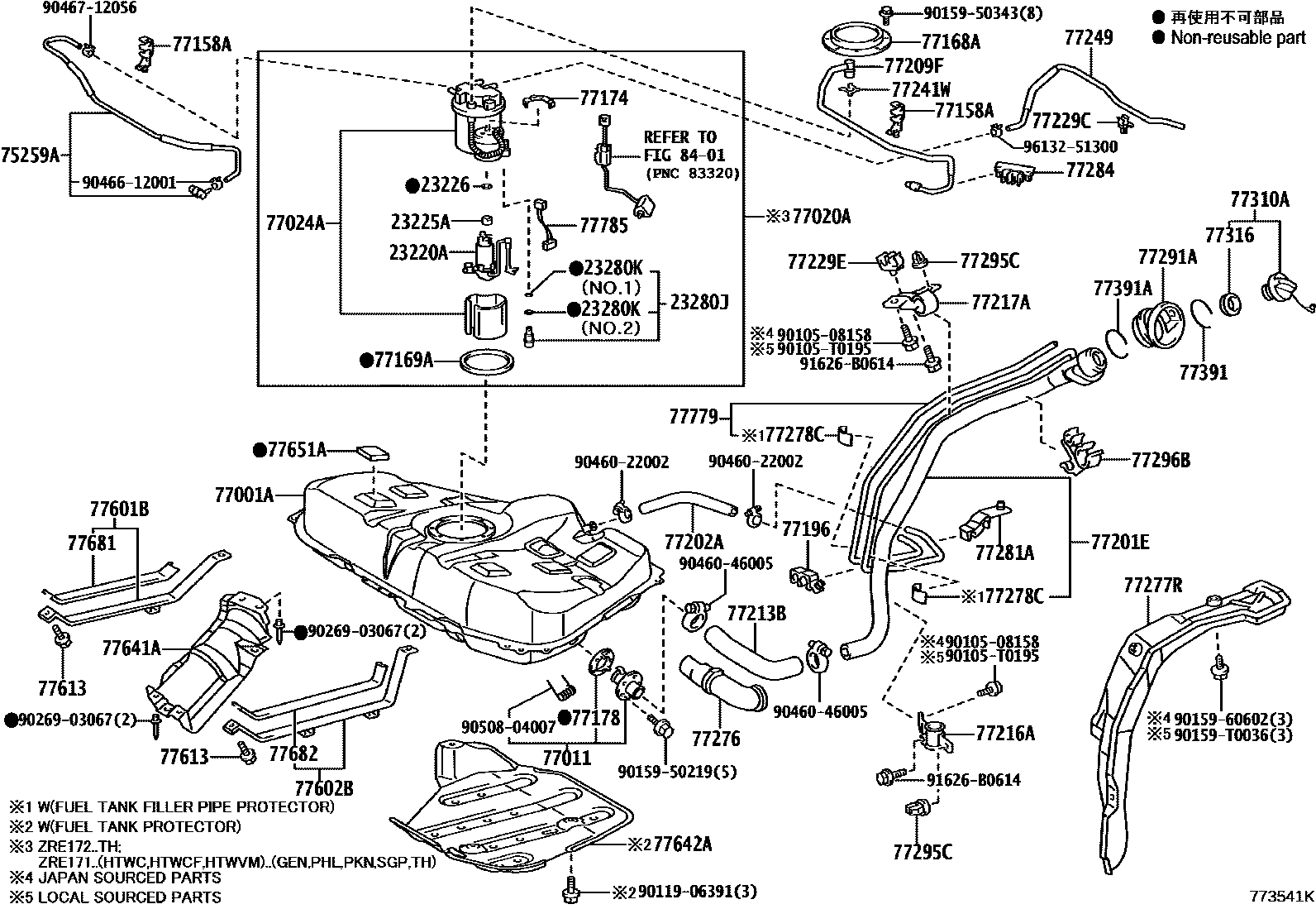 Toyota COROLLA 燃油箱和燃油管 EPC diagram — 773541K