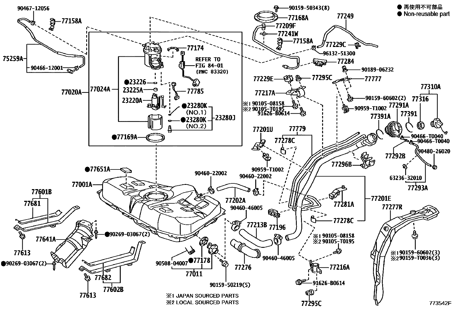 Toyota COROLLA 燃油箱和燃油管 EPC diagram — 773542F