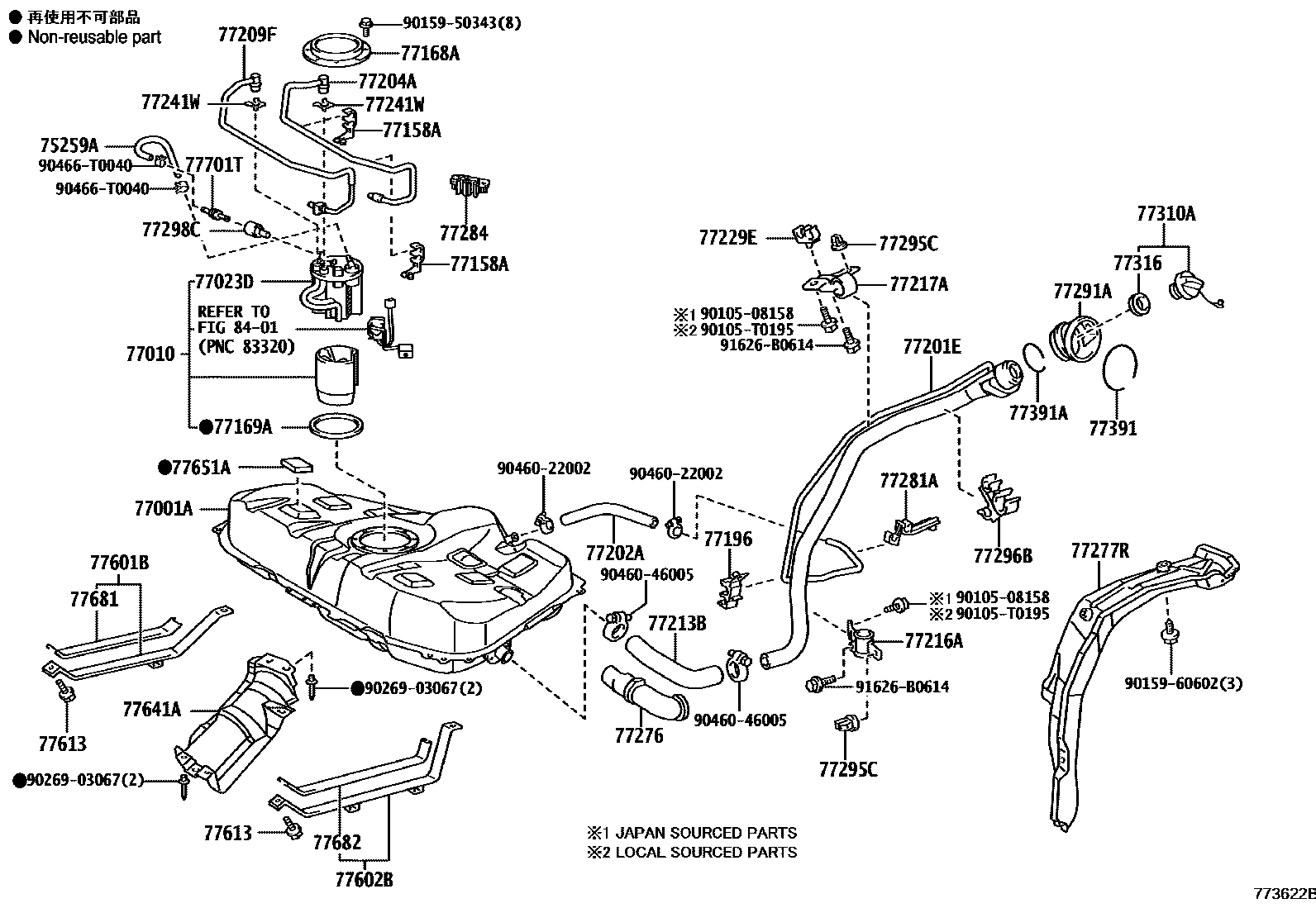 Toyota COROLLA 燃油箱和燃油管 EPC diagram — 773622B