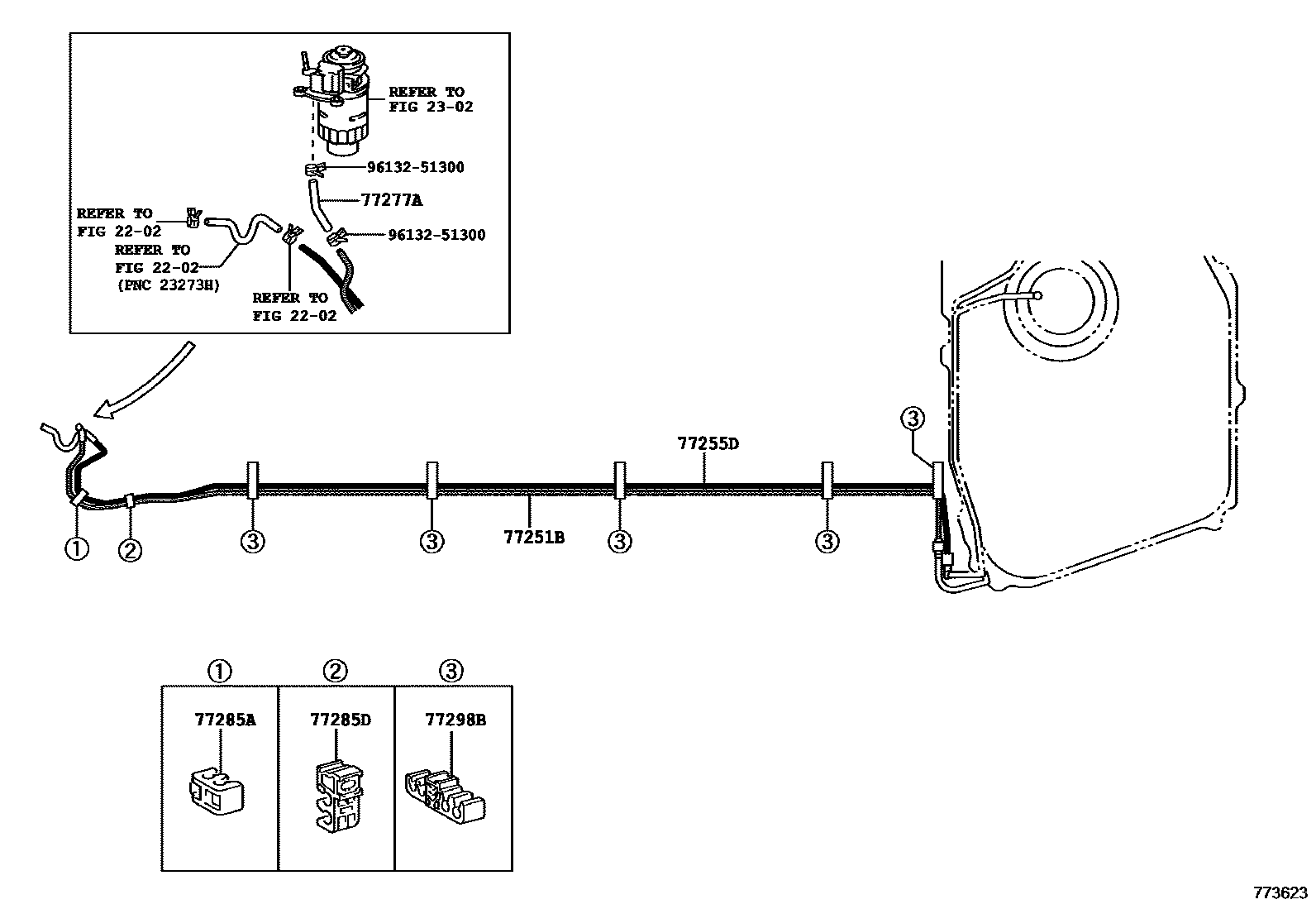 Toyota COROLLA 燃油箱和燃油管 EPC diagram — 773623