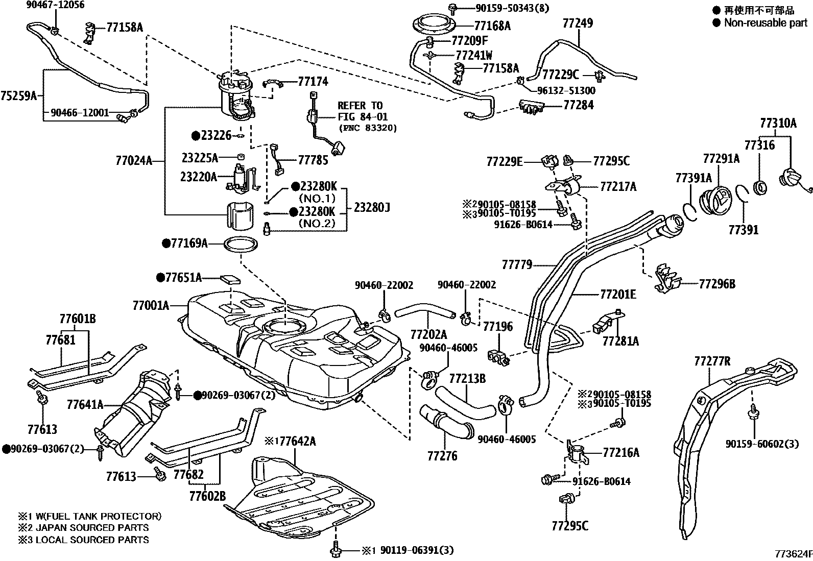 Toyota COROLLA 燃油箱和燃油管 EPC diagram — 773624F