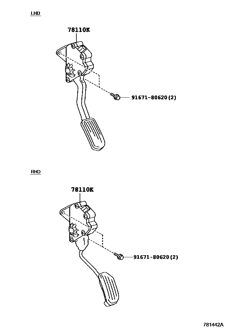 Toyota COROLLA accelerator pedal connecting rod EPC diagram — 781442A