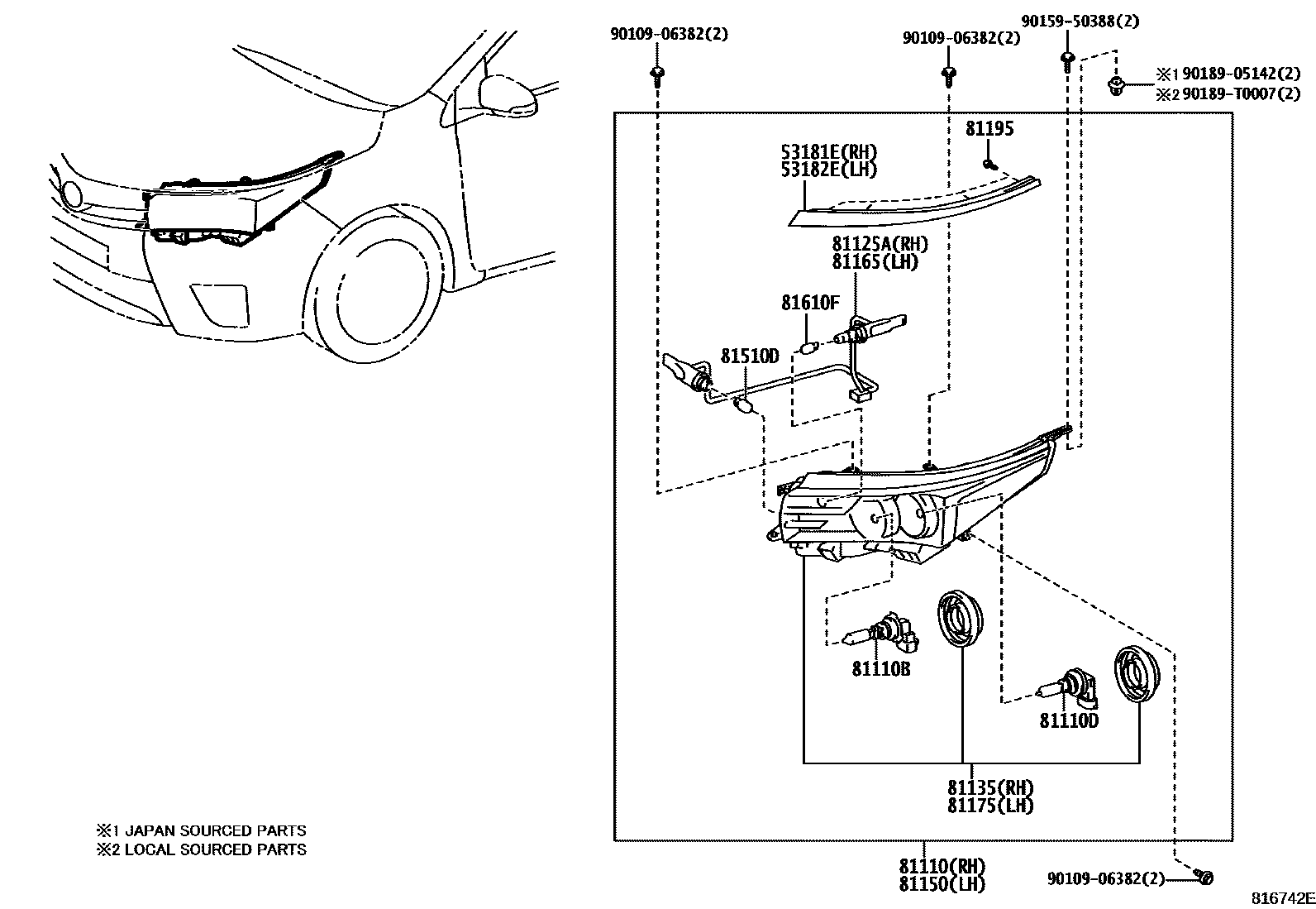 Toyota COROLLA Headlamp EPC diagram — 816742E