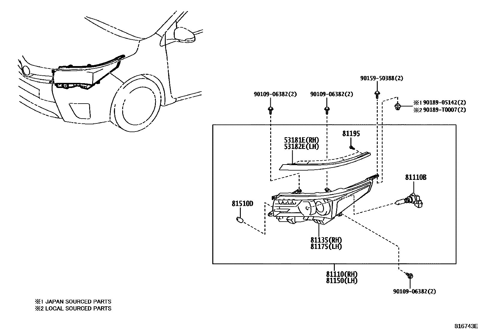 Toyota COROLLA Headlamp EPC diagram — 816743E