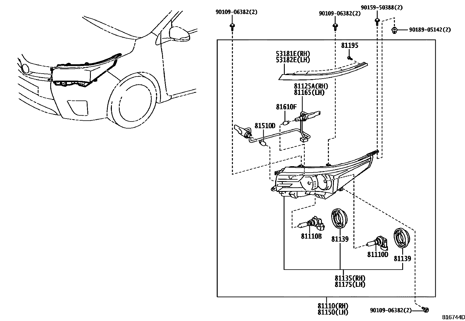 Toyota COROLLA Headlamp EPC diagram — 816744D
