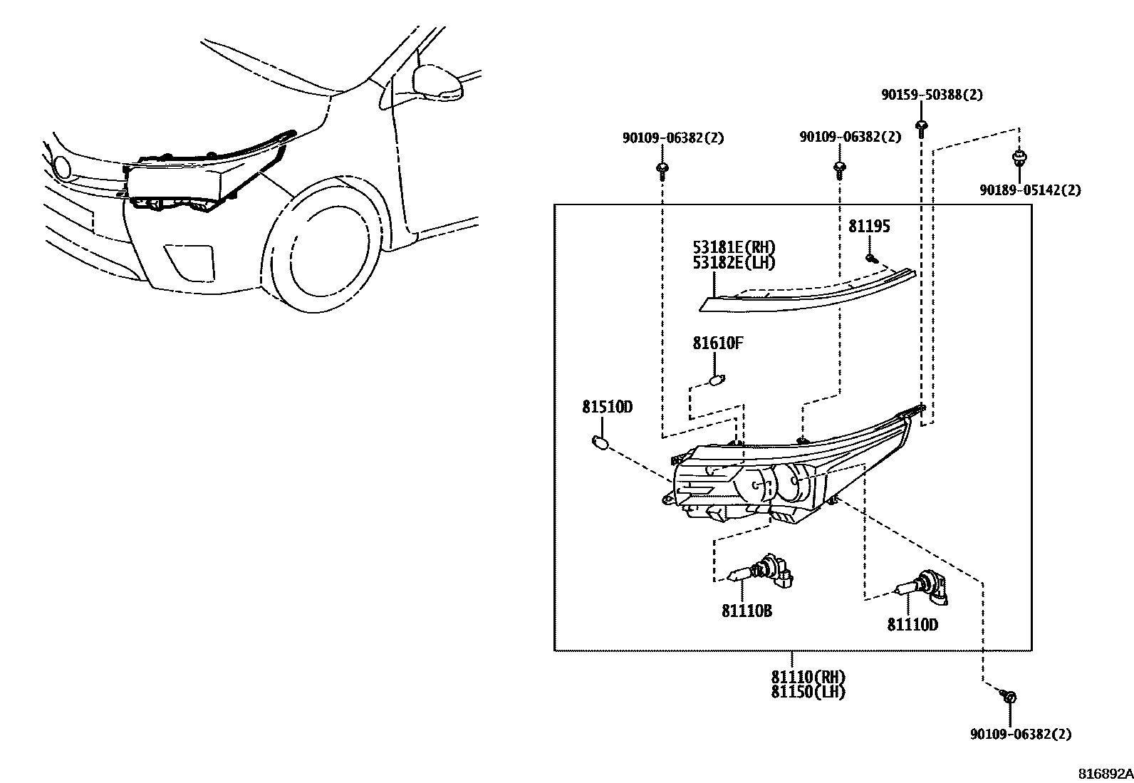 Toyota COROLLA Headlamp EPC diagram — 816892A