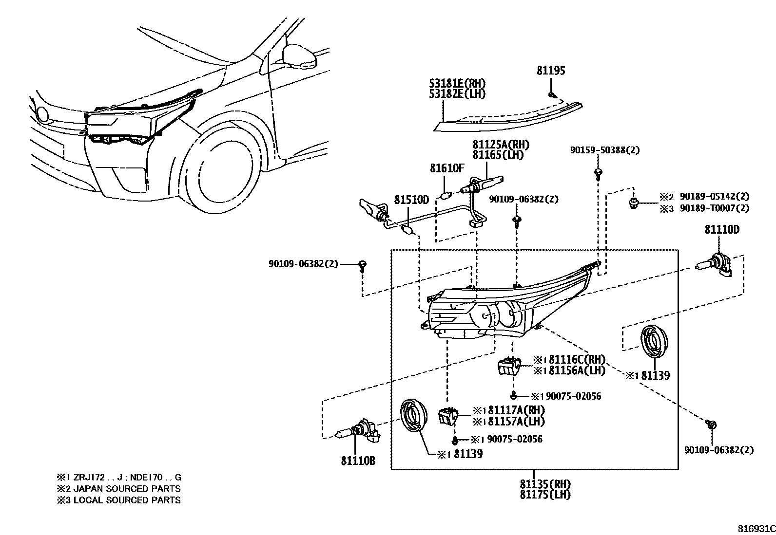 Toyota COROLLA Headlamp EPC diagram — 816931C