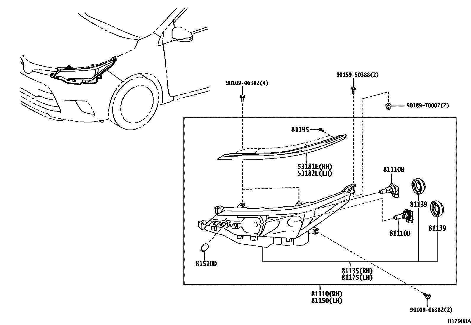 Toyota COROLLA Headlamp EPC diagram — 817908A