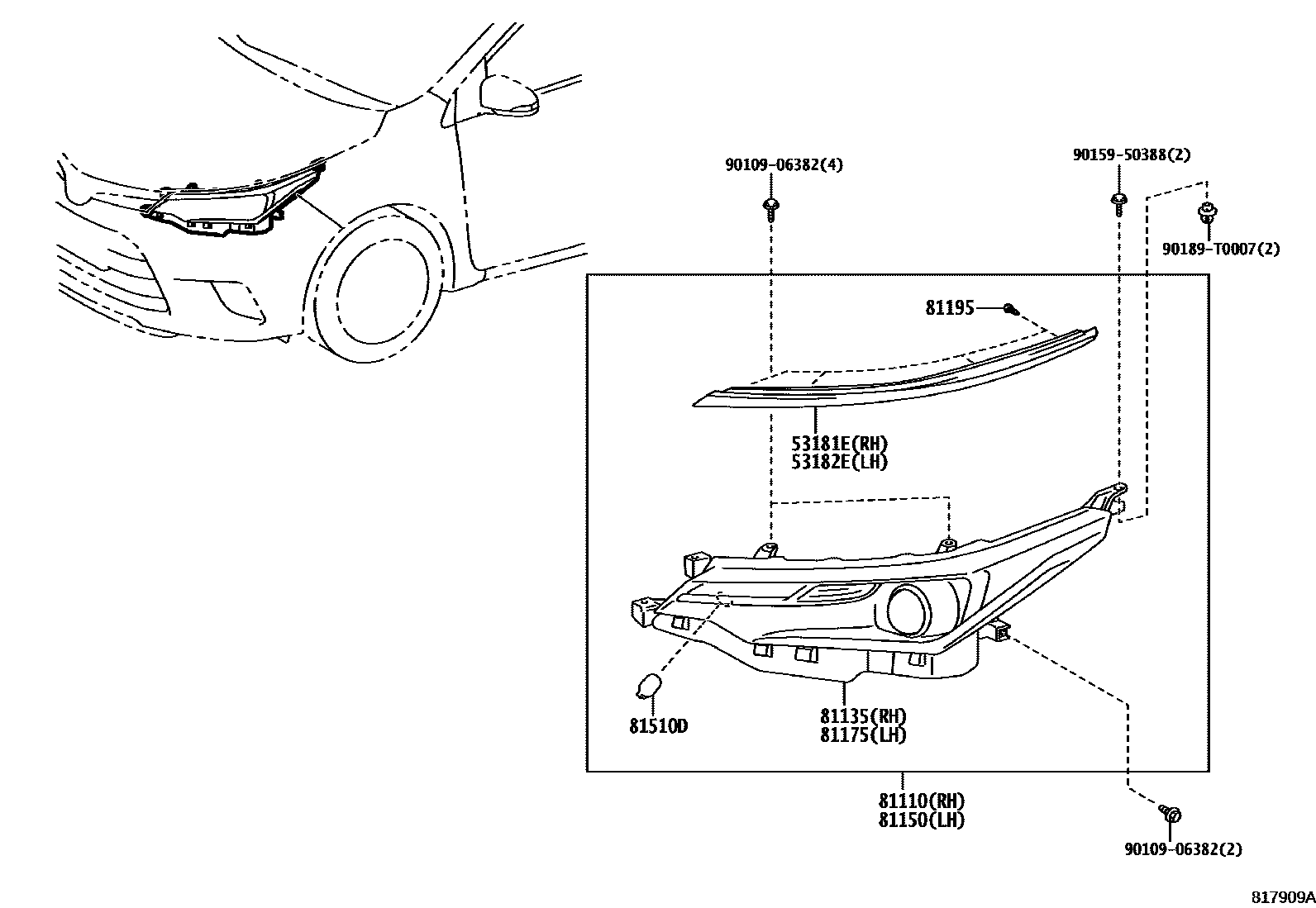 Toyota COROLLA Headlamp EPC diagram — 817909A