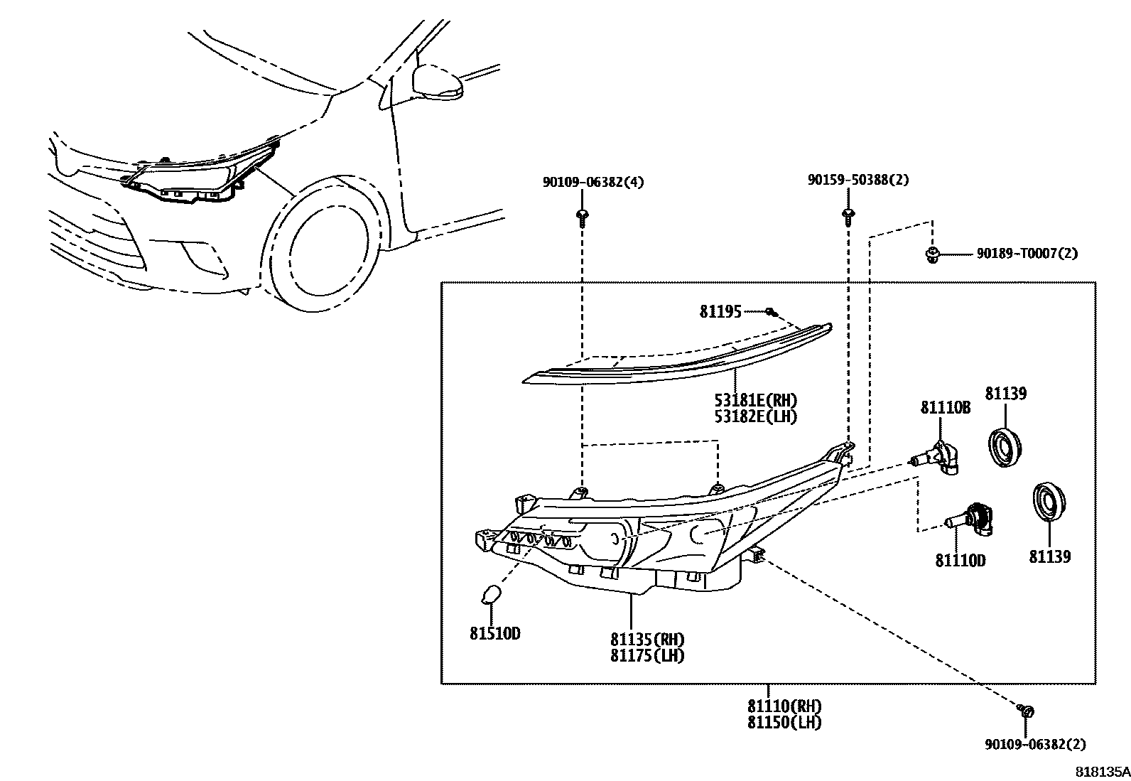 Toyota COROLLA Headlamp EPC diagram — 818135A