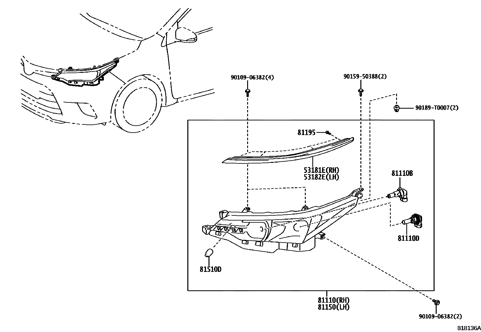 Toyota COROLLA Headlamp EPC diagram — 818136A