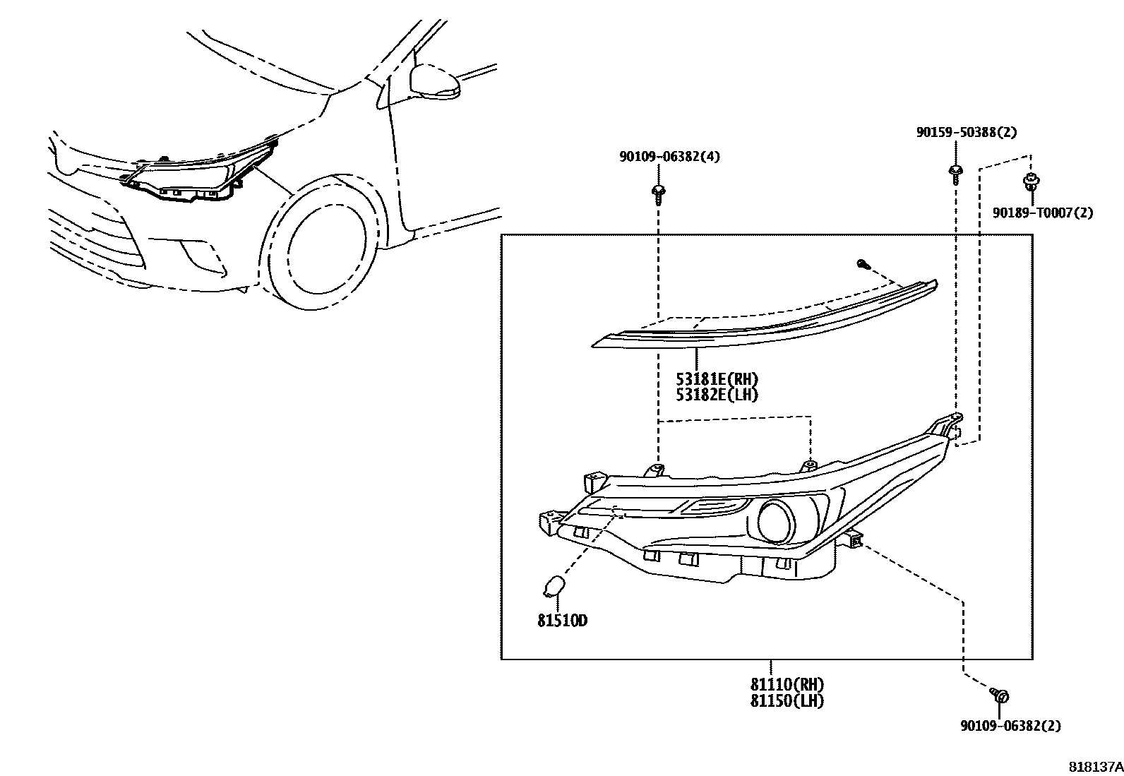 Toyota COROLLA Headlamp EPC diagram — 818137A