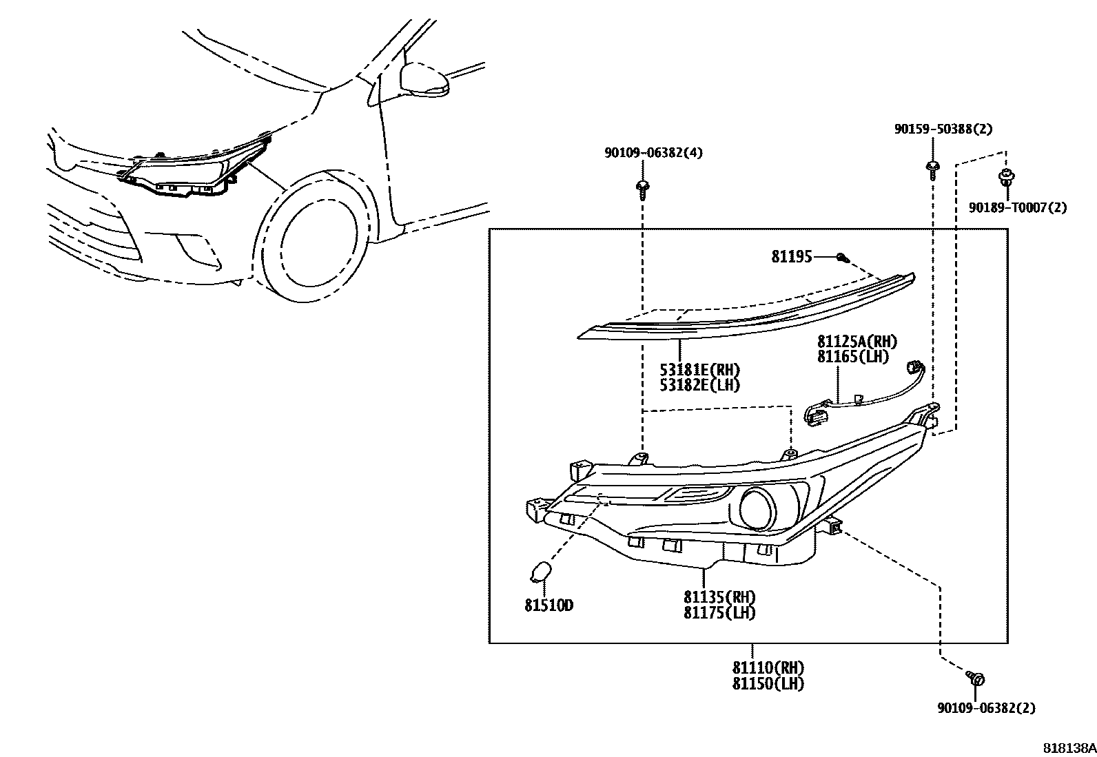 Toyota COROLLA Headlamp EPC diagram — 818138A