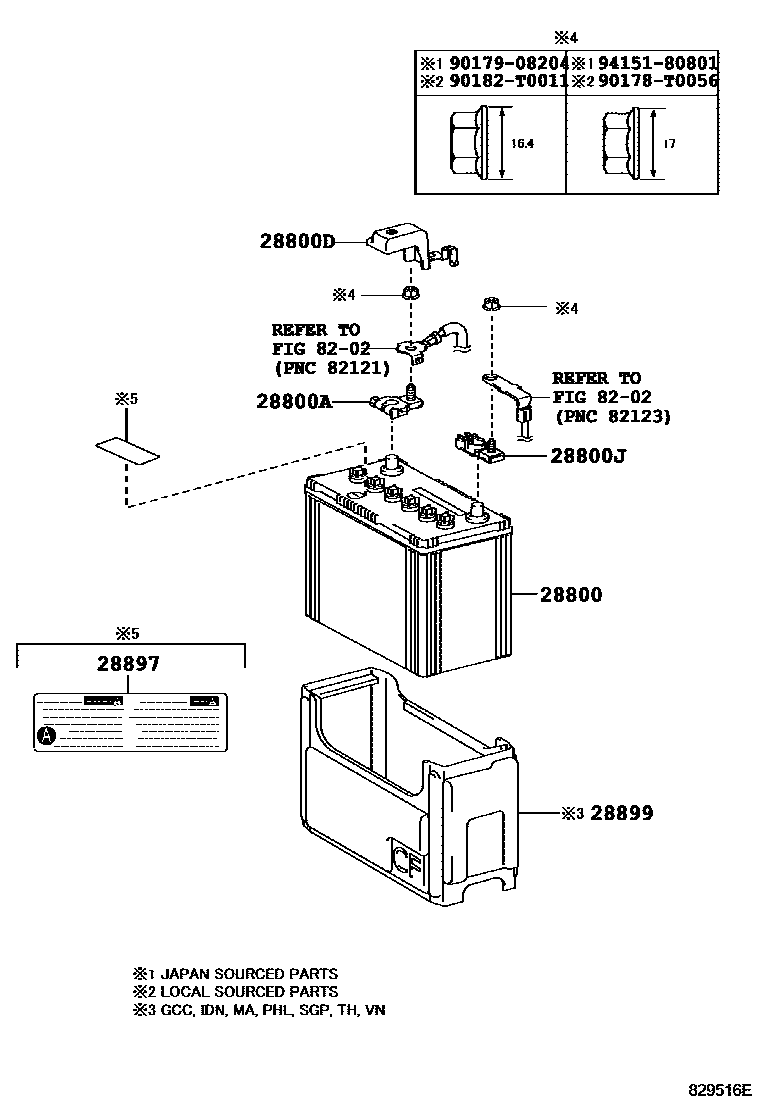 Toyota COROLLA 蓄电池和蓄电池电缆 EPC diagram — 829516E