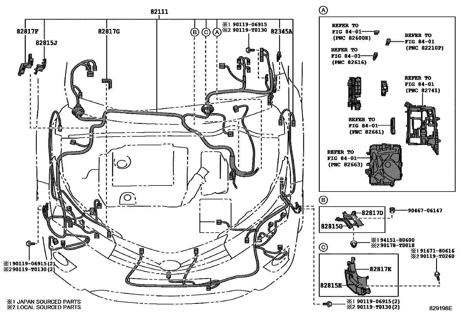 Toyota COROLLA 线束和卡夹 EPC diagram — 829198E