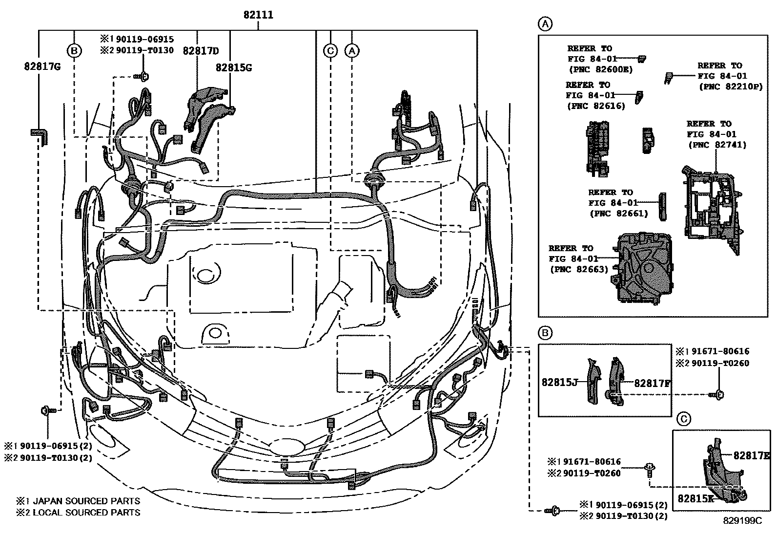 Toyota COROLLA 线束和卡夹 EPC diagram — 829199C