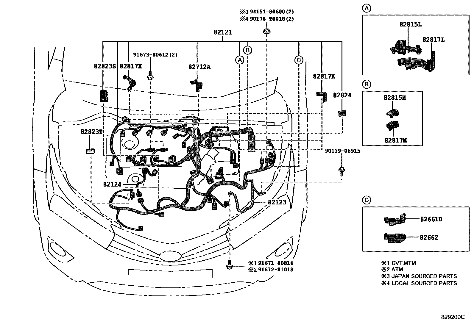 Toyota COROLLA 线束和卡夹 EPC diagram — 829200C