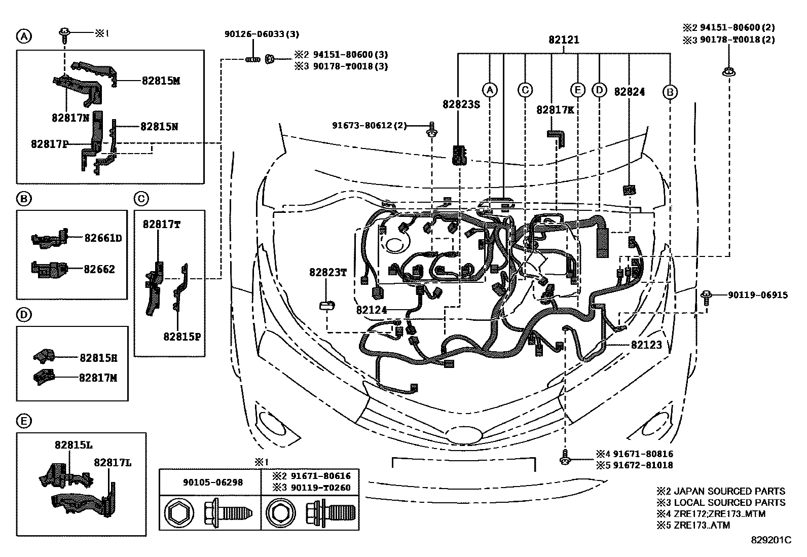 Toyota COROLLA 线束和卡夹 EPC diagram — 829201C