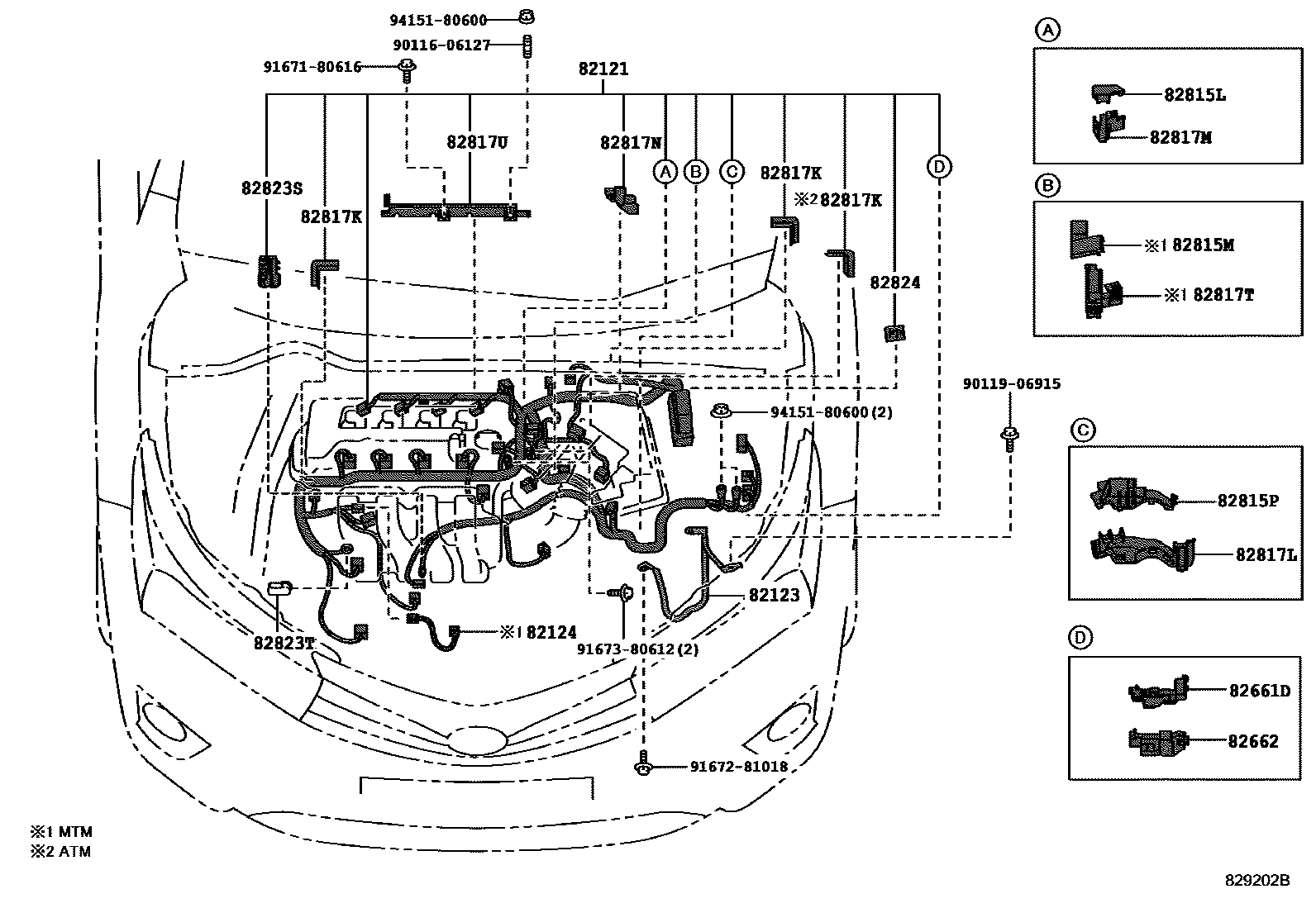 Toyota COROLLA 线束和卡夹 EPC diagram — 829202B