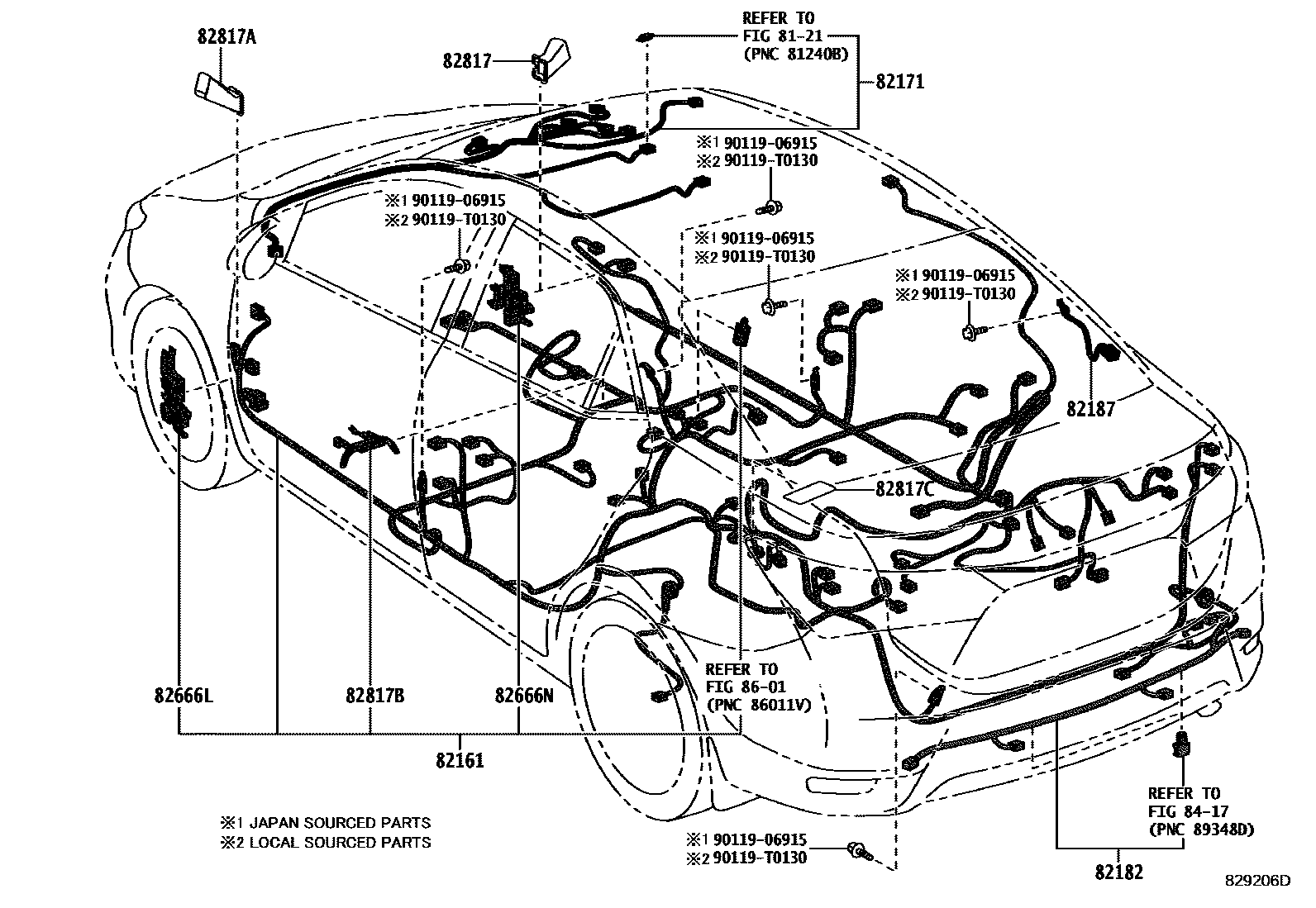 Toyota COROLLA 线束和卡夹 EPC diagram — 829206D