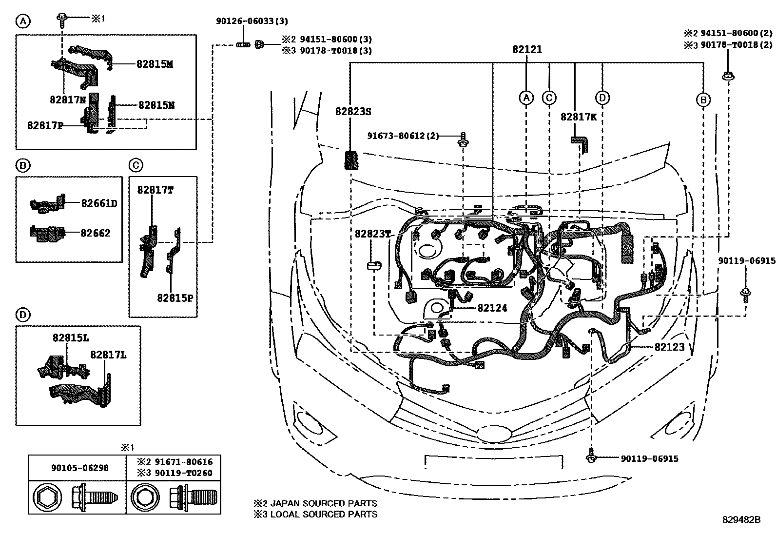 Toyota COROLLA 线束和卡夹 EPC diagram — 829482B