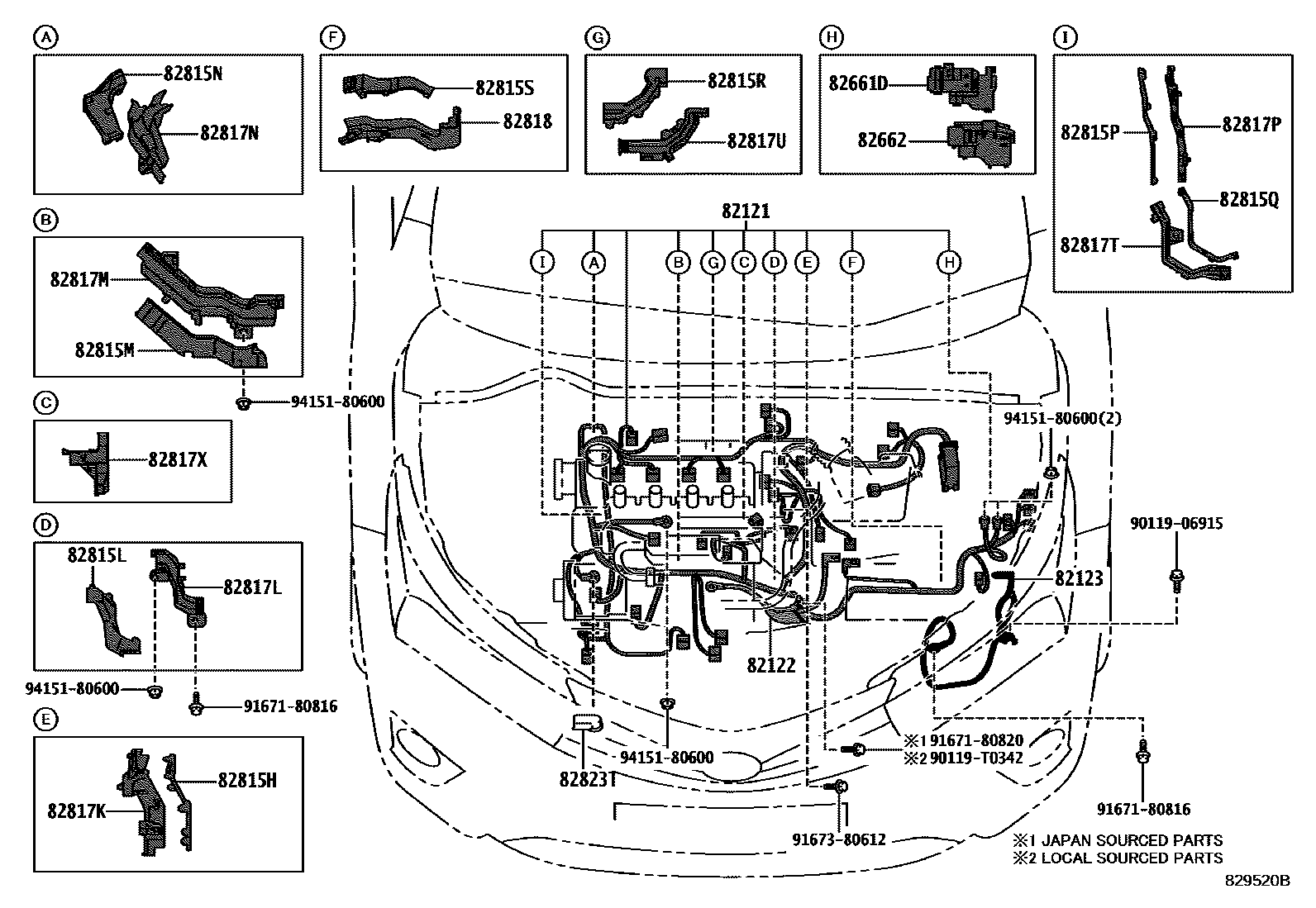 Toyota COROLLA 线束和卡夹 EPC diagram — 829520B
