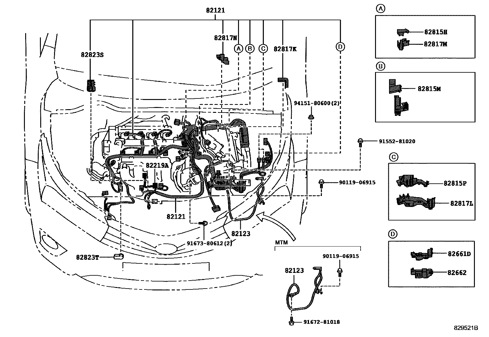Toyota COROLLA 线束和卡夹 EPC diagram — 829521B
