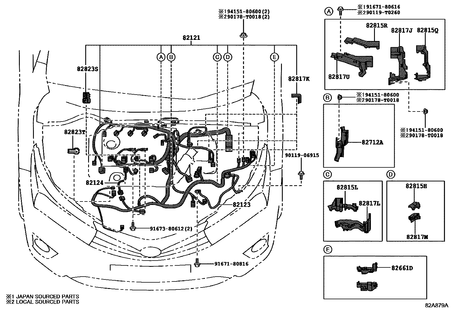 Toyota COROLLA 线束和卡夹 EPC diagram — 82A879A
