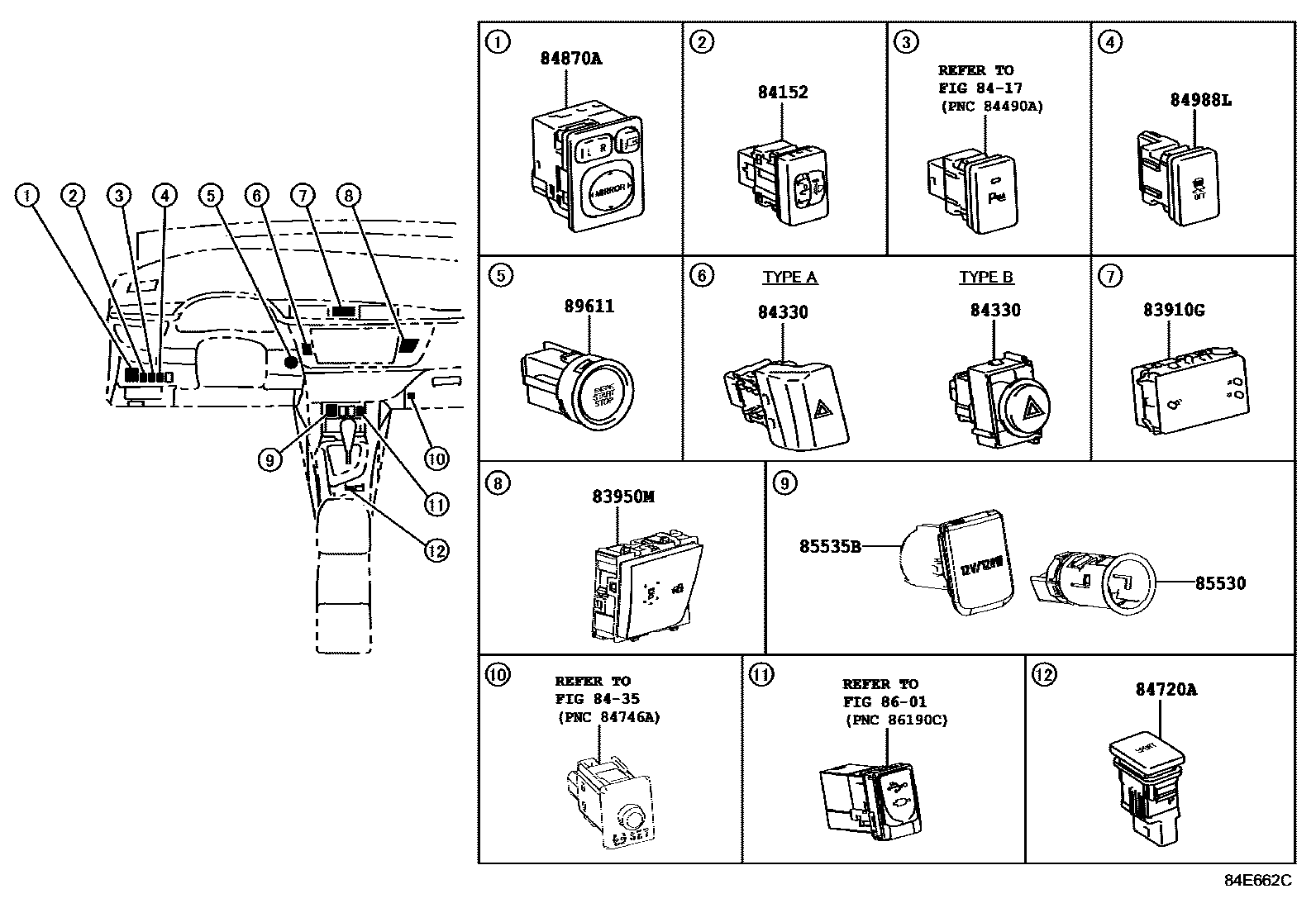 Toyota COROLLA 开关和继电器和ECU EPC diagram — 84E662C