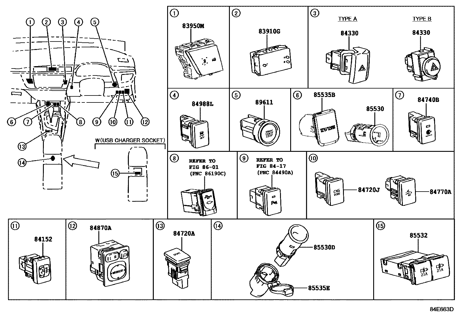 Toyota COROLLA 开关和继电器和ECU EPC diagram — 84E663D
