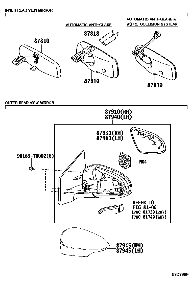 Toyota COROLLA 后视镜 EPC diagram — 87D798F