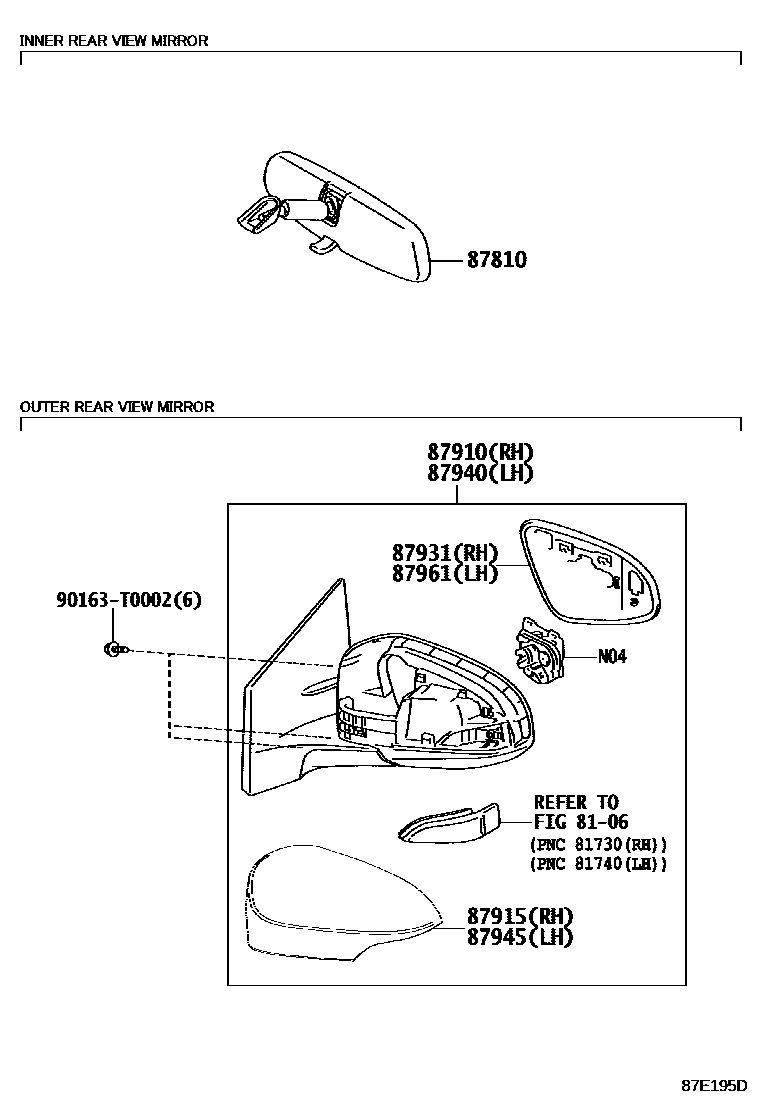 Toyota COROLLA 后视镜 EPC diagram — 87E195D