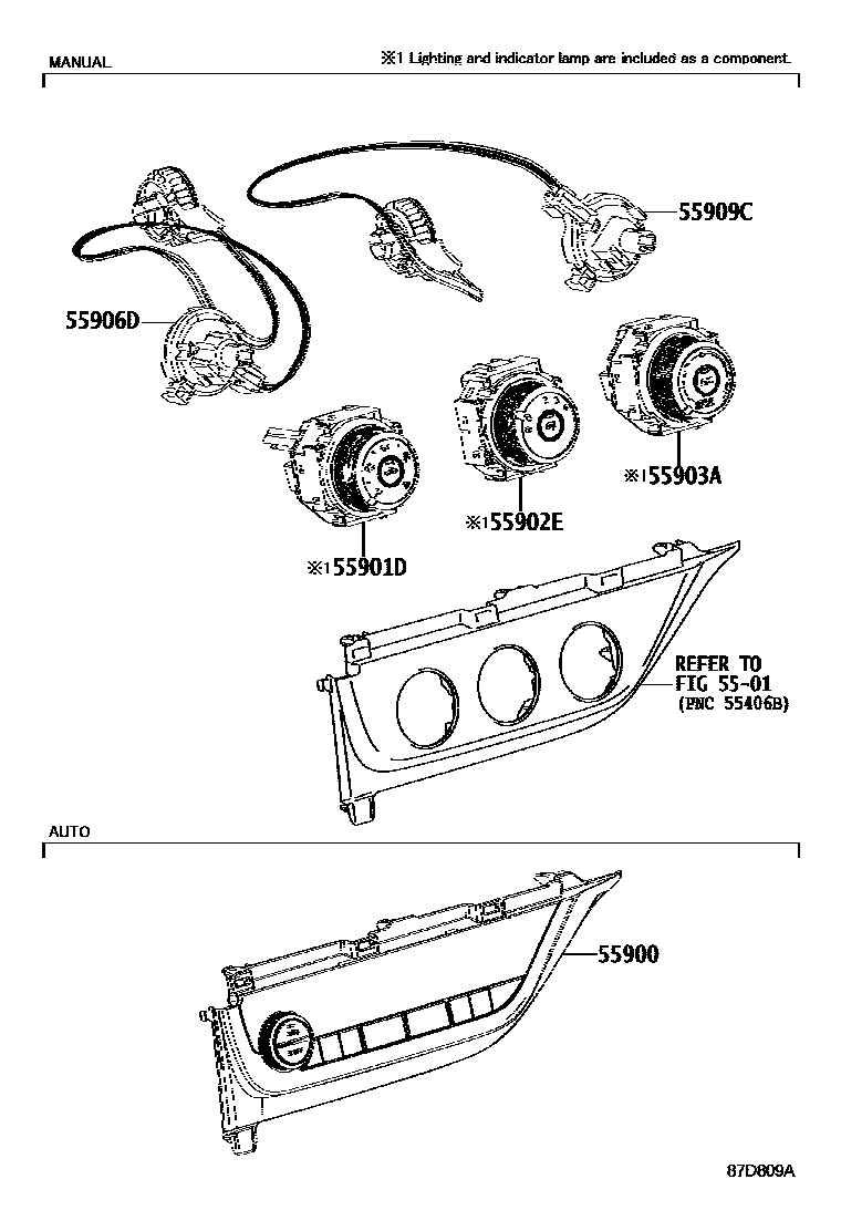 Toyota COROLLA 暖风和空调系统 - 控制器和风管 EPC diagram — 87D809A