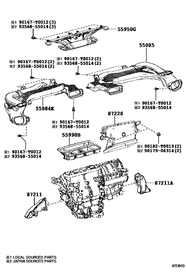 Toyota COROLLA 暖风和空调系统 - 控制器和风管 EPC diagram — 87D810