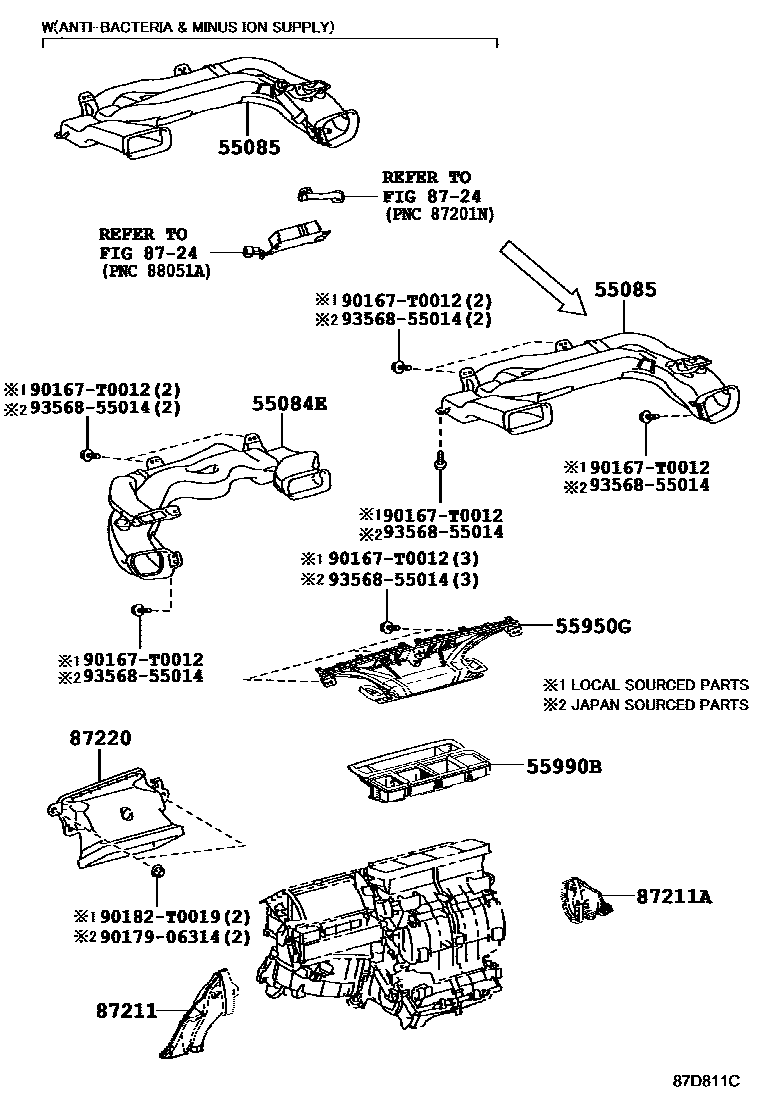Toyota COROLLA 暖风和空调系统 - 控制器和风管 EPC diagram — 87D811C