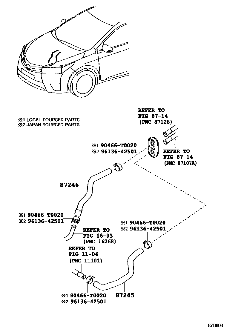 Toyota COROLLA 暖风和空调系统 - 水管 EPC diagram — 87D803