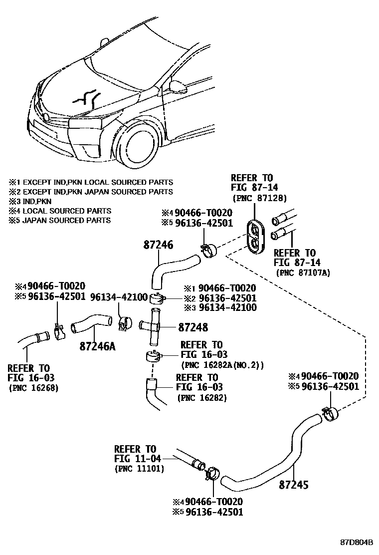 Toyota COROLLA 暖风和空调系统 - 水管 EPC diagram — 87D804B