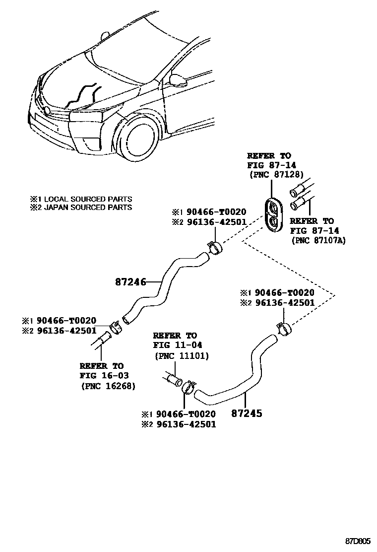 Toyota COROLLA 暖风和空调系统 - 水管 EPC diagram — 87D805