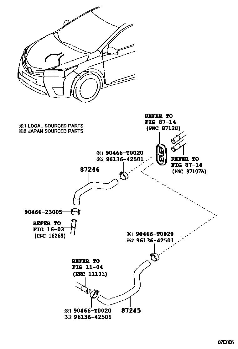 Toyota COROLLA 暖风和空调系统 - 水管 EPC diagram — 87D806