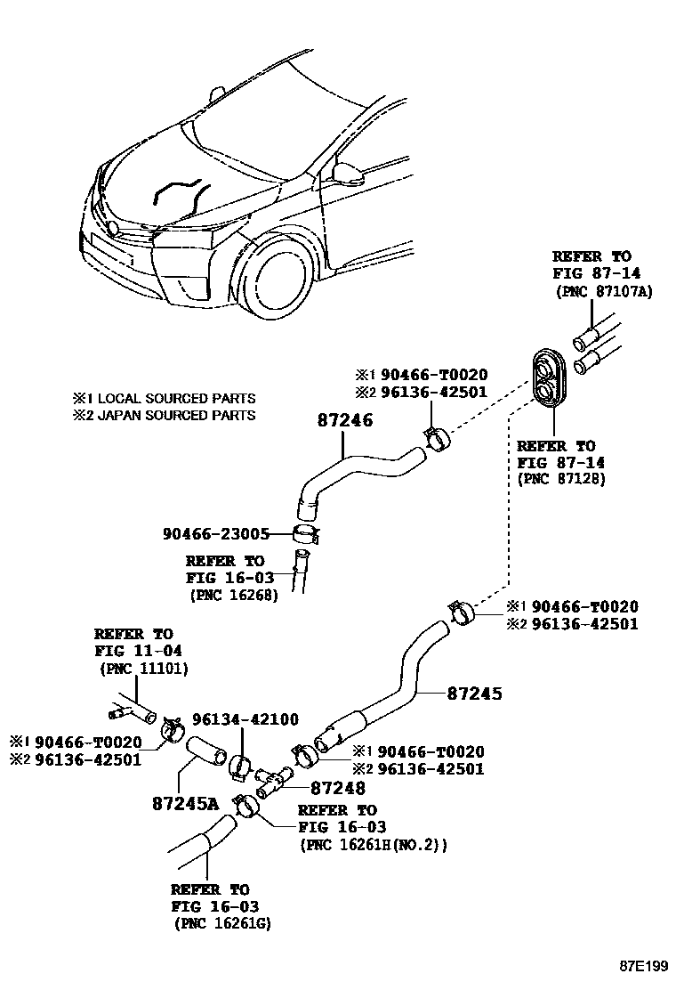 Toyota COROLLA 暖风和空调系统 - 水管 EPC diagram — 87E199