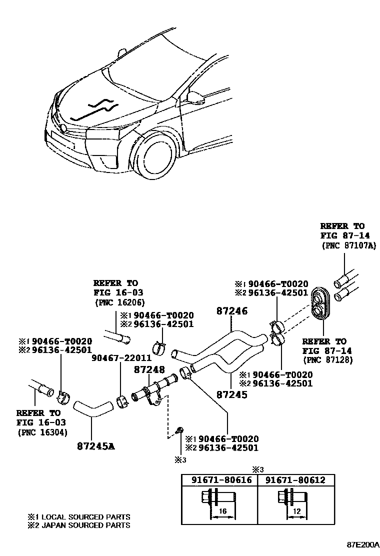 Toyota COROLLA 暖风和空调系统 - 水管 EPC diagram — 87E200A