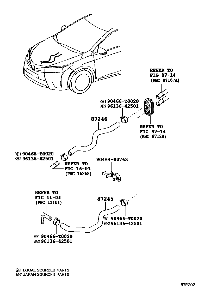 Toyota COROLLA 暖风和空调系统 - 水管 EPC diagram — 87E202