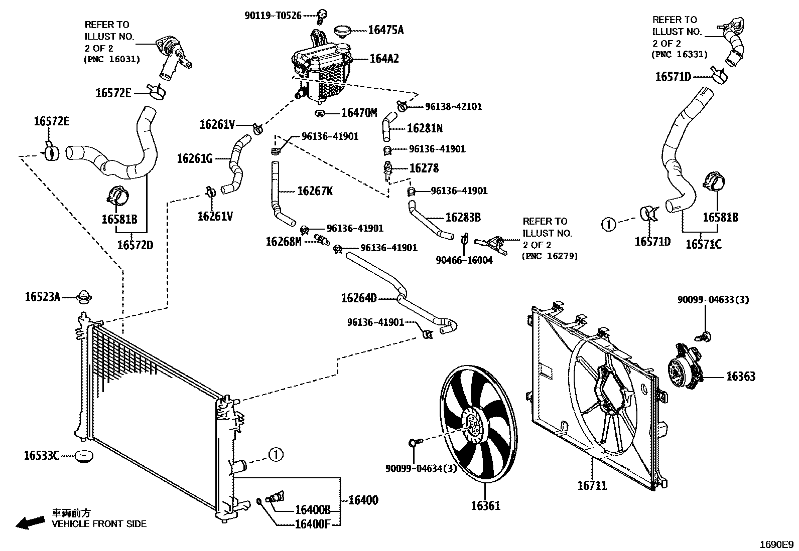 Toyota COROLLA RADIATOR & WATER OUTLET EPC diagram — 1690E9