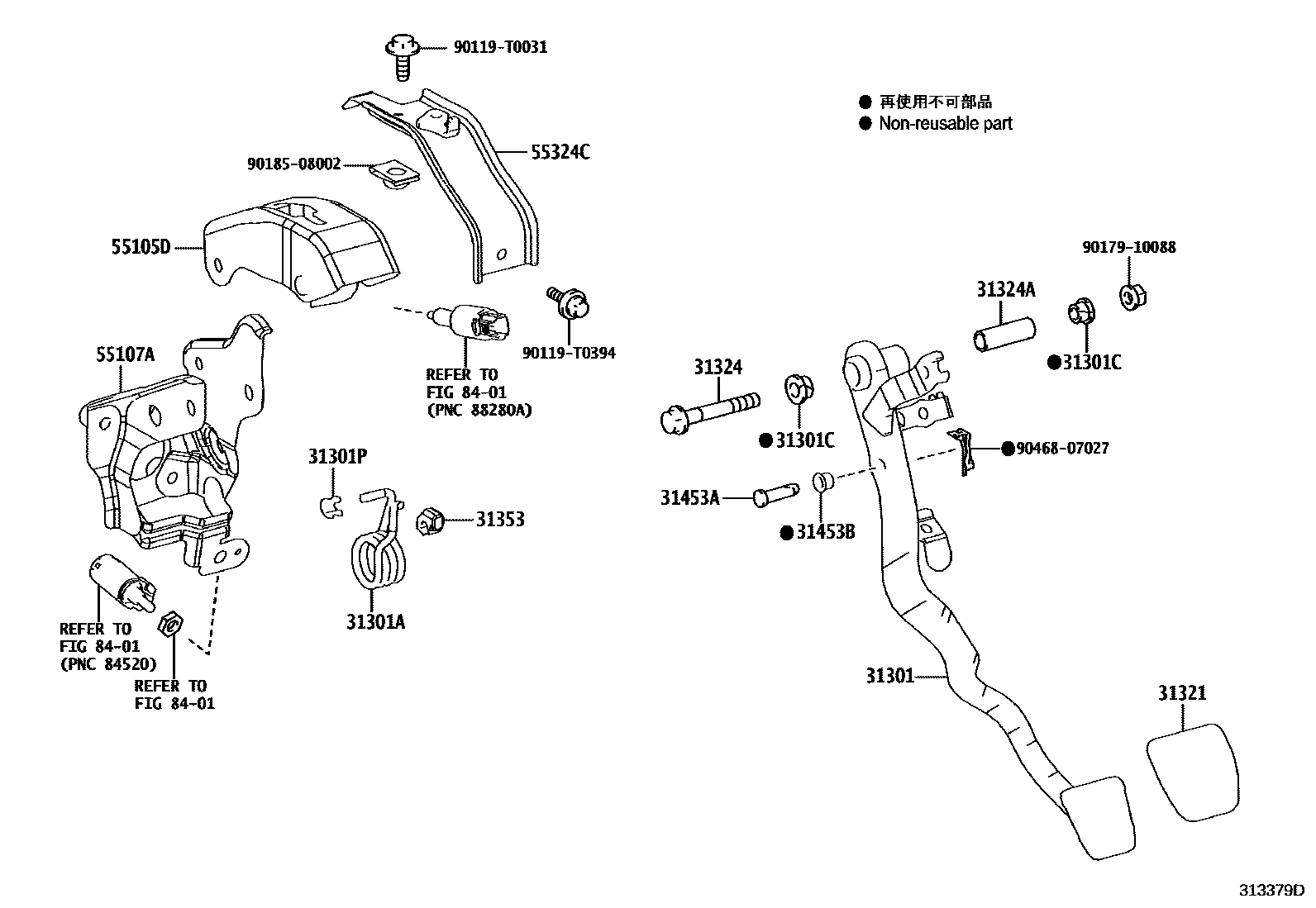 Toyota COROLLA 离合器踏板和挠性软管 EPC diagram — 313379D