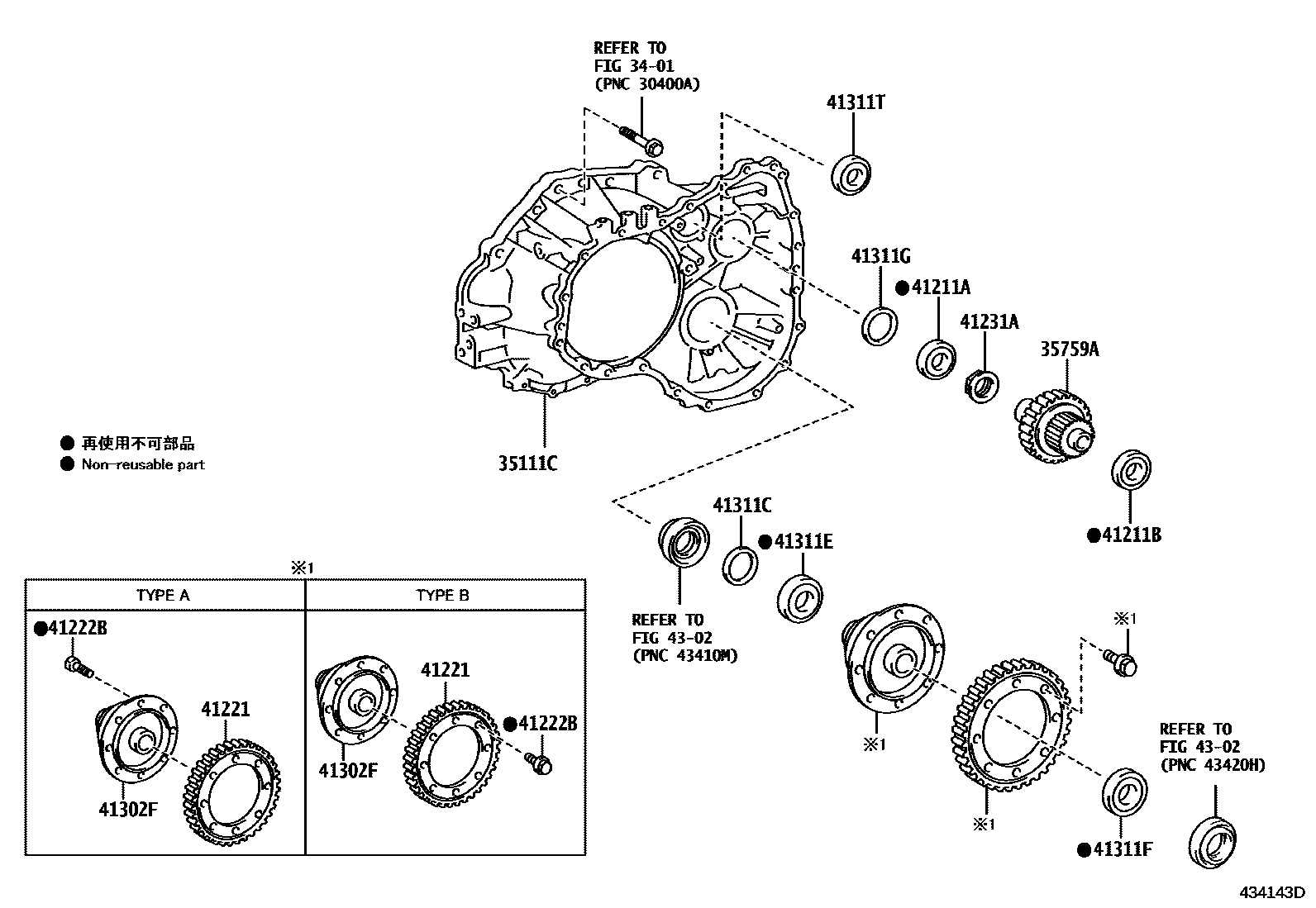 Toyota COROLLA 前桥壳和差速器 EPC diagram — 434143D
