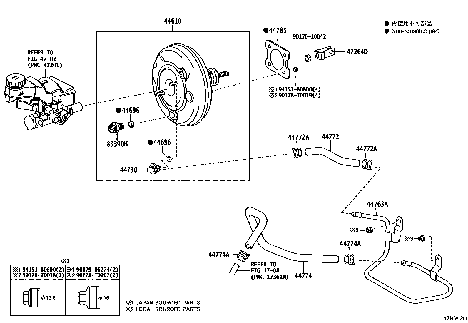 Toyota COROLLA 制动助力器和真空管 EPC diagram — 47B942D