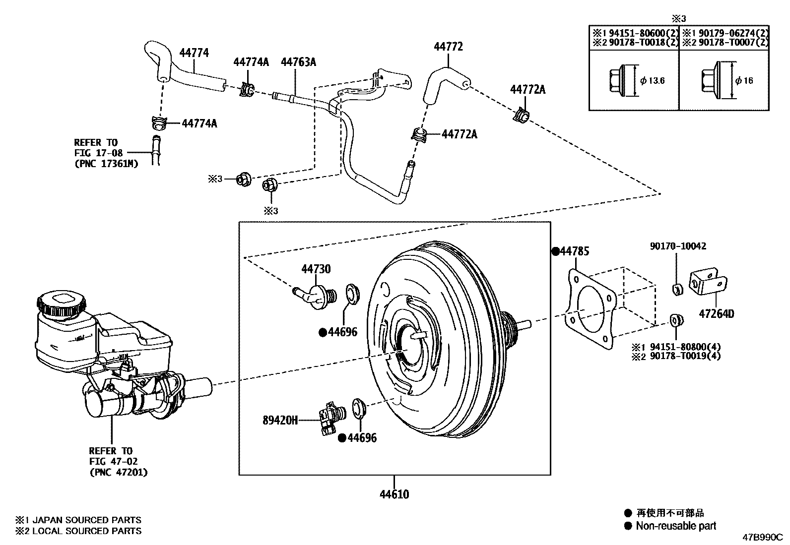 Toyota COROLLA 制动助力器和真空管 EPC diagram — 47B990C