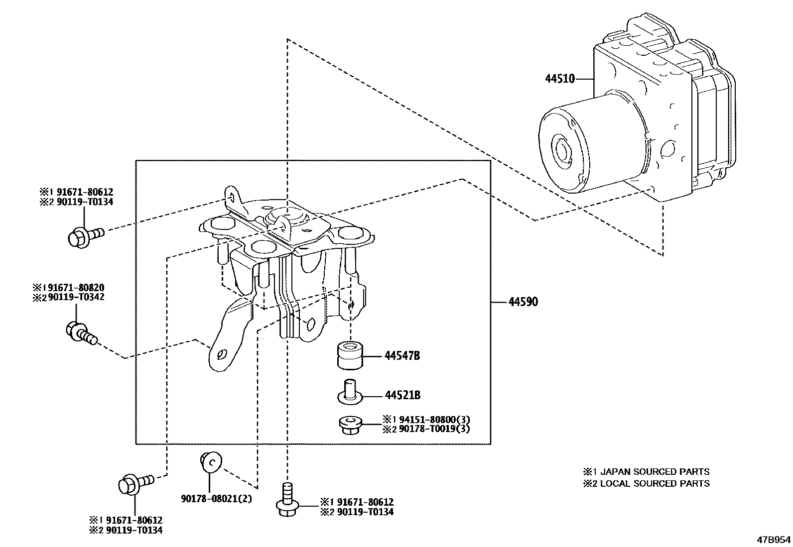 Toyota COROLLA 制动配管和卡箍 EPC diagram — 47B954